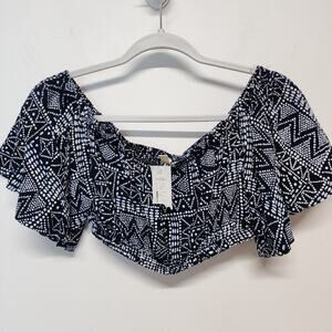 Flutter Ruffle Sleeve Crop Top Size L Geo Blue Elastic Neck Beach Summer Gypsy